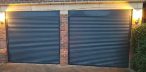 image of two navy garage doors